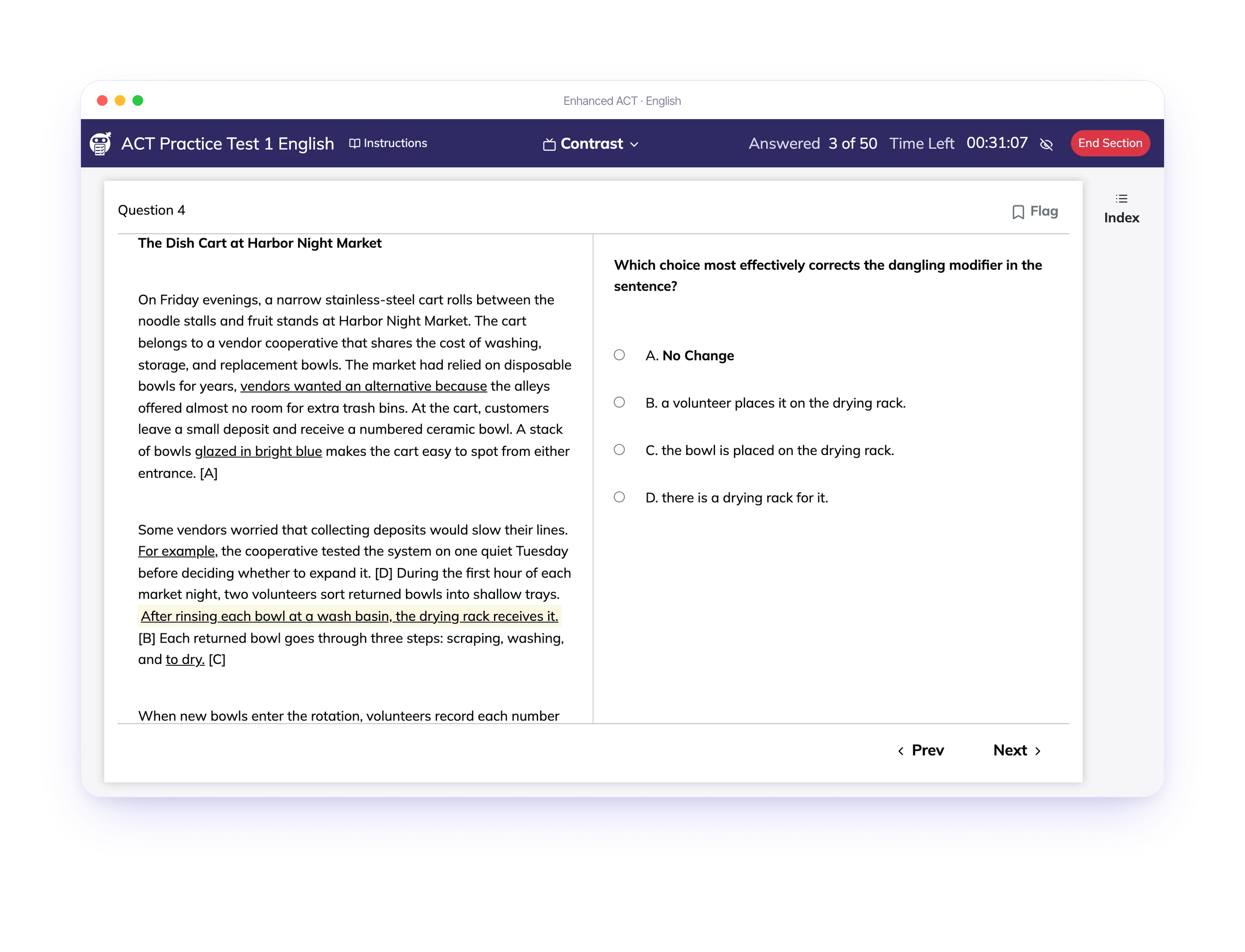 The Test Ninjas Enhanced ACT engine: answering an English question, flagging it for review, opening the question index and moving on to the next question