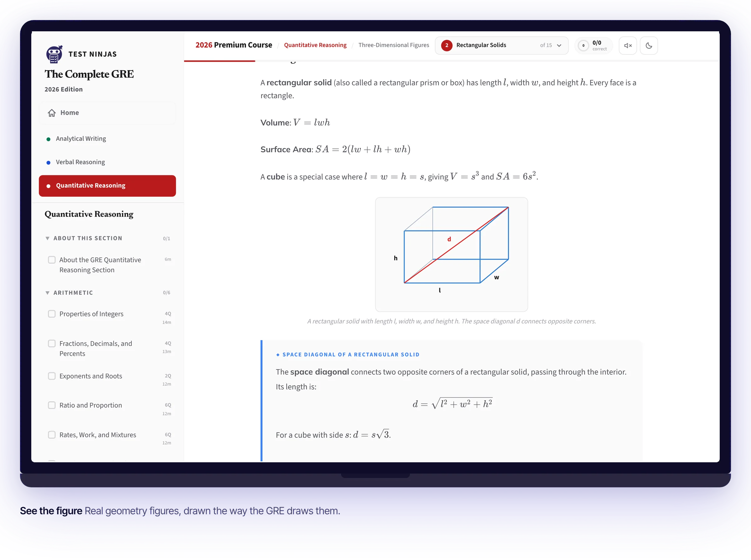 A Test Ninjas GRE Quant lesson on a laptop: reading the figure of a rectangular solid, answering the practice question, checking it and reading the explanation