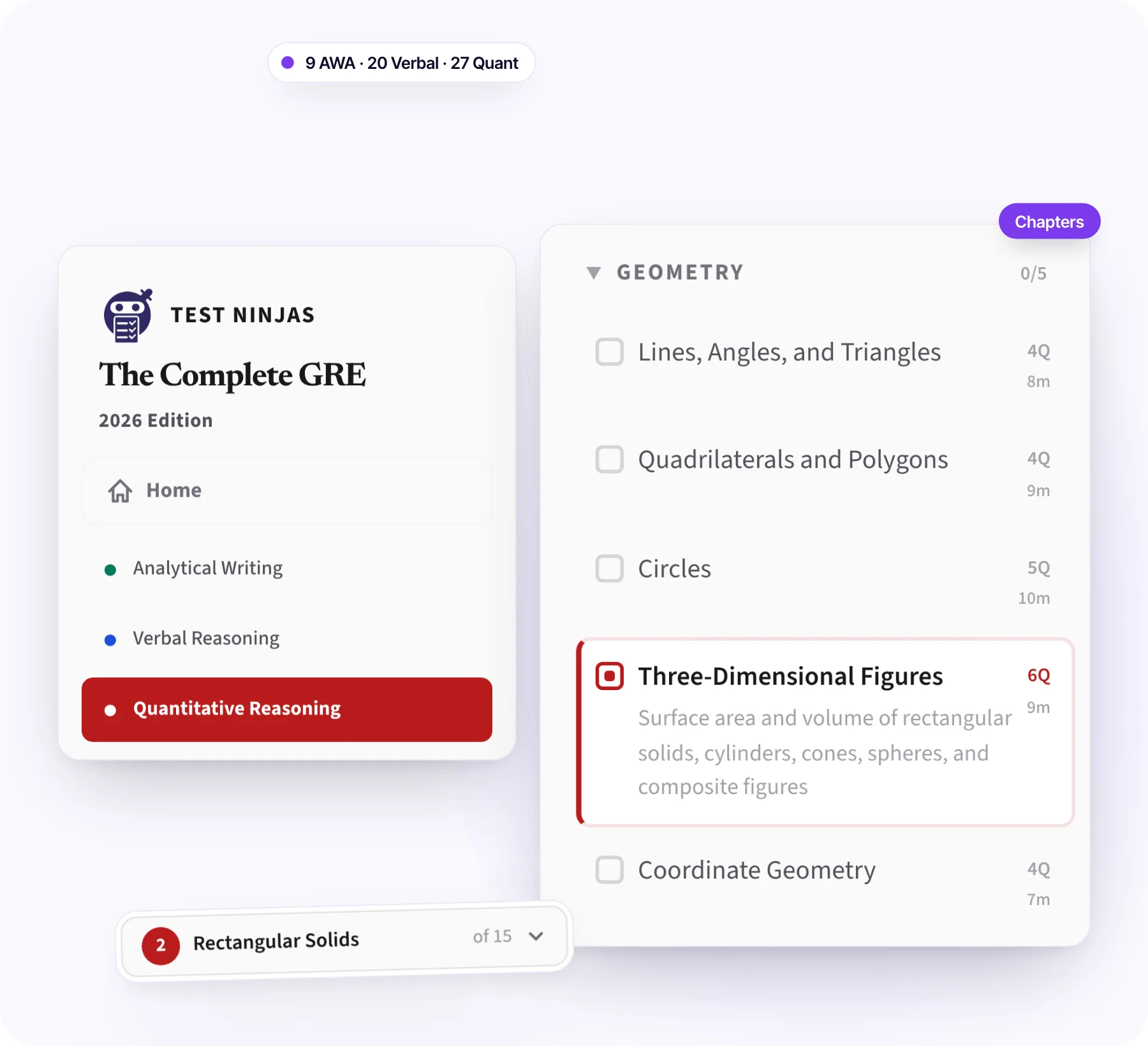 The Complete GRE course outline: the three sections, the Geometry chapter list with Three-Dimensional Figures open, and the lesson step indicator