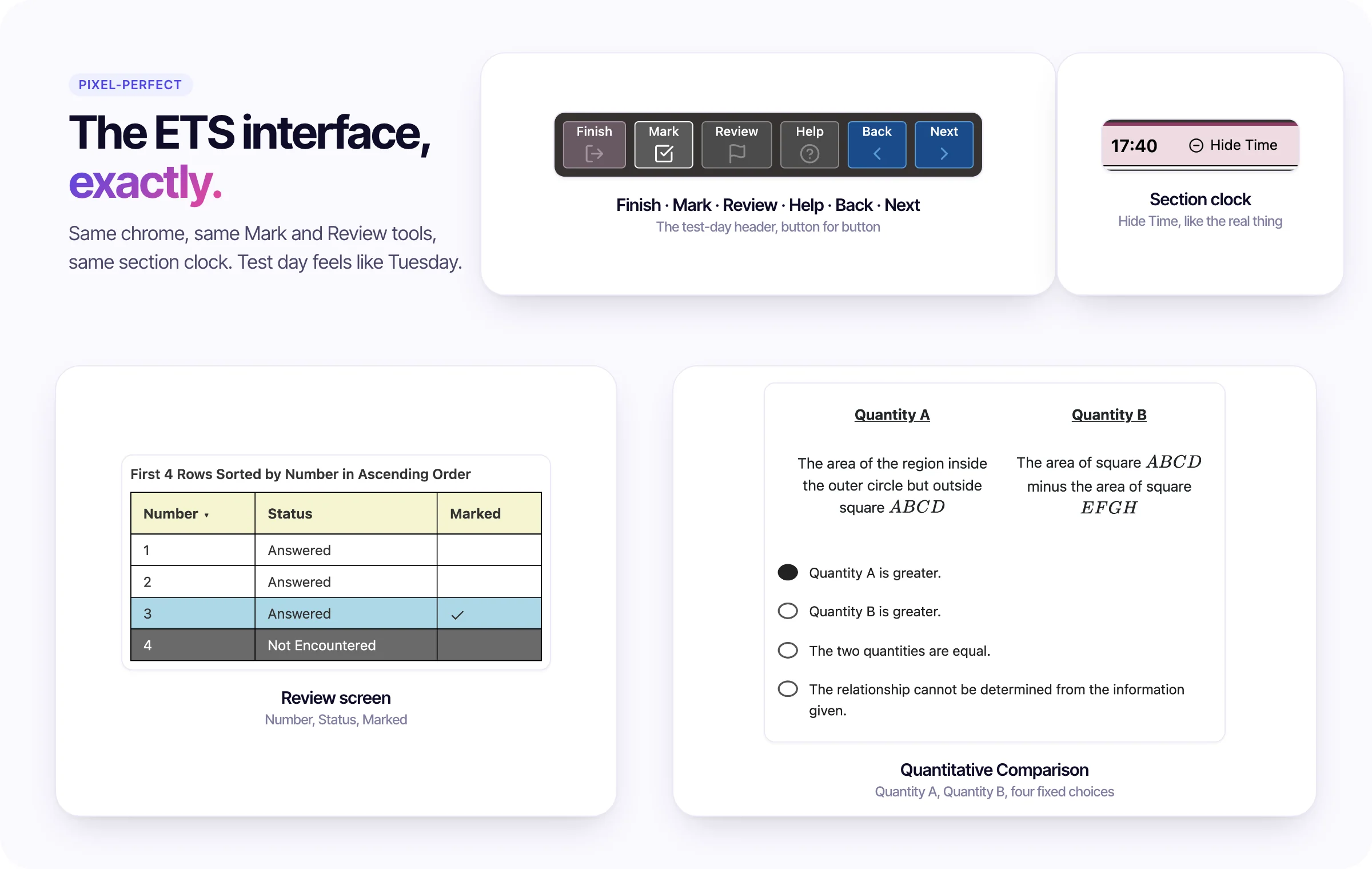 The ETS-style GRE interface inside Test Ninjas: the Finish, Mark, Review, Help, Back and Next header, the section clock with Hide Time, the Review screen and a Quantitative Comparison question