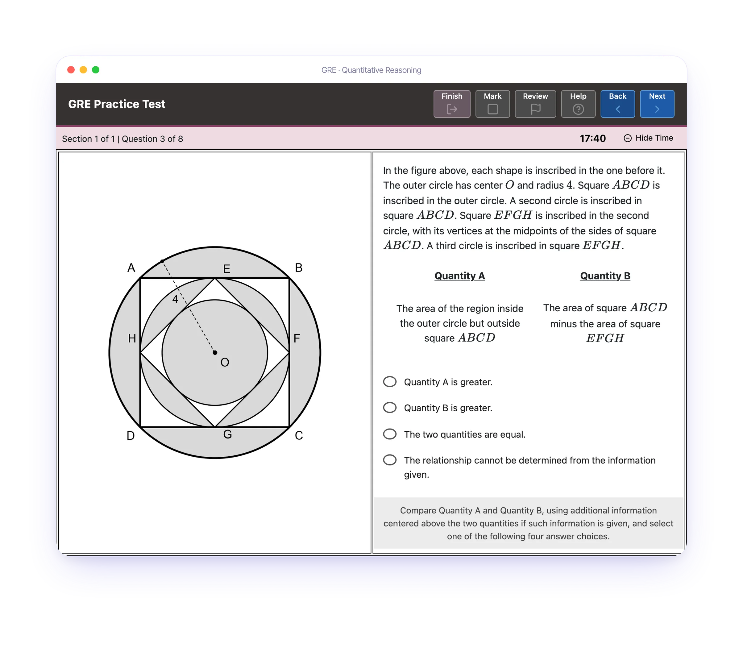 The Test Ninjas GRE engine on a Quantitative Comparison question with its figure: choosing an answer, marking the question, opening the Review screen and moving on to the next question