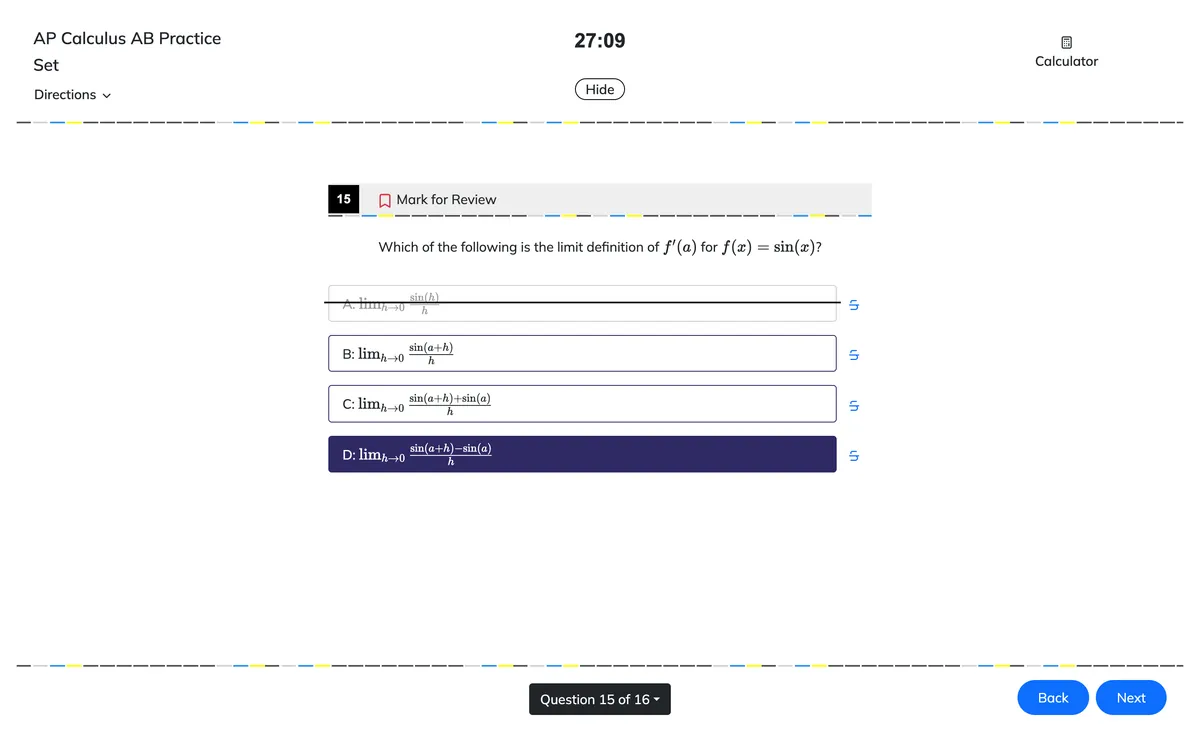 An AP Calculus AB practice question in the digital test interface, with one choice crossed out, Mark for Review on, the timer and the calculator button.
