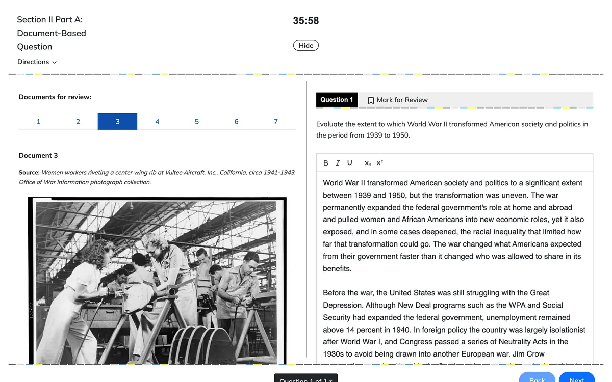 AP US History practice test, Document-Based Question: a wartime photograph of women riveting aircraft on the left and a typed student response on the right, 35:58 left