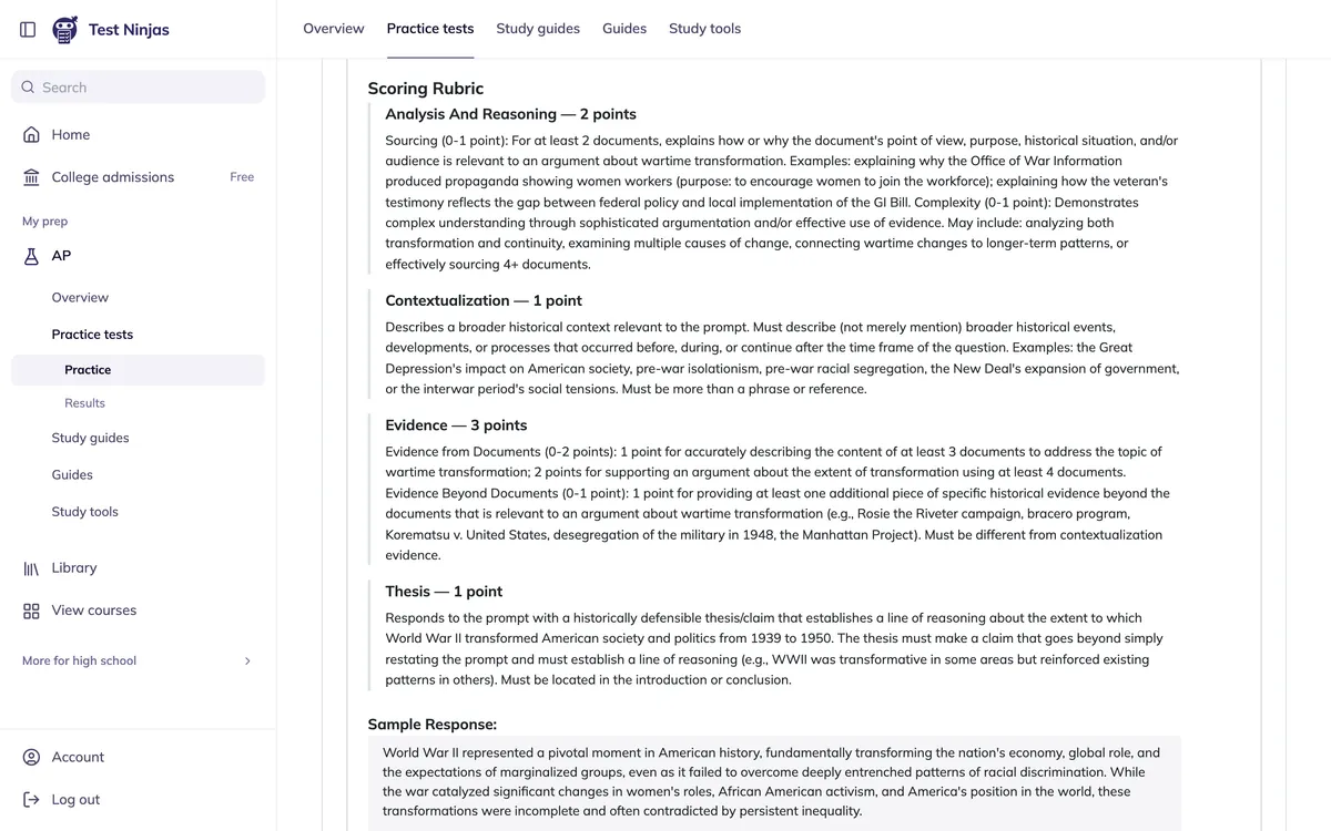 The AP US History DBQ scoring rubric (analysis and reasoning, contextualization, evidence, thesis) above a sample response.