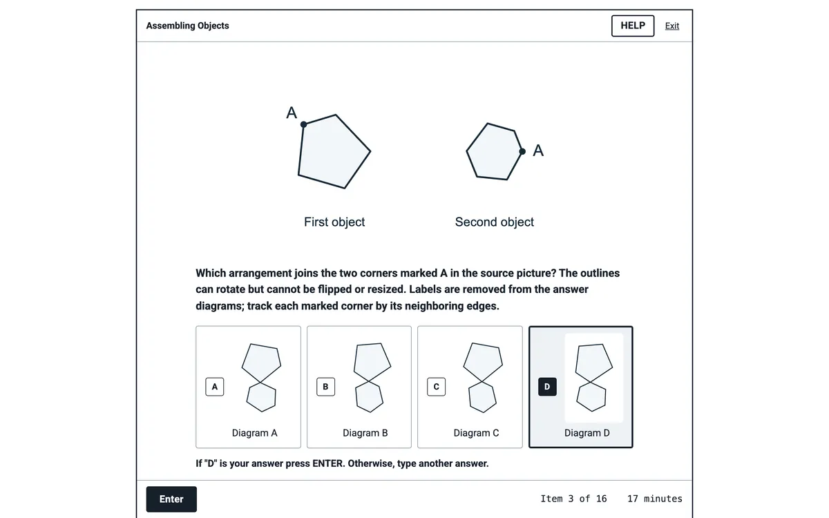 CAT-ASVAB practice test, Assembling Objects item 3 of 16: two shapes with marked corners and four answer diagrams, D selected