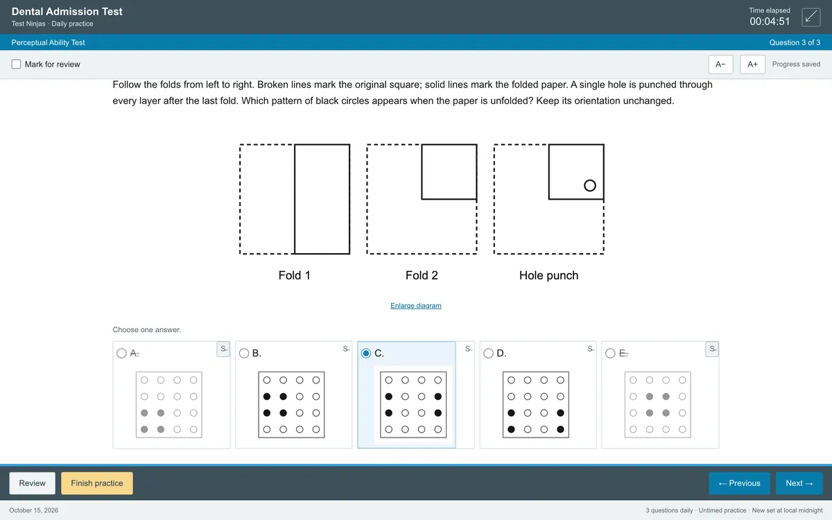DAT daily practice, Perceptual Ability: a hole-punching item with five diagram choices, two struck out and C selected