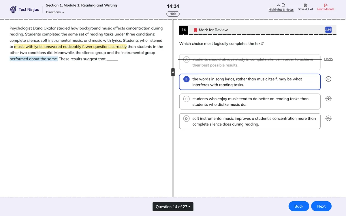 Test Ninjas PSAT practice test: a Reading and Writing passage with two highlights, choice A crossed out, choice B selected, Mark for Review on and 14:34 left in the module