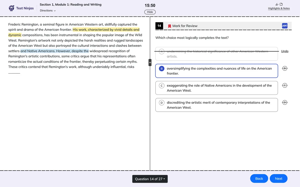Test Ninjas digital SAT practice test: a Reading and Writing passage with two highlights, choice A crossed out, choice B selected, Mark for Review on and 15:50 left