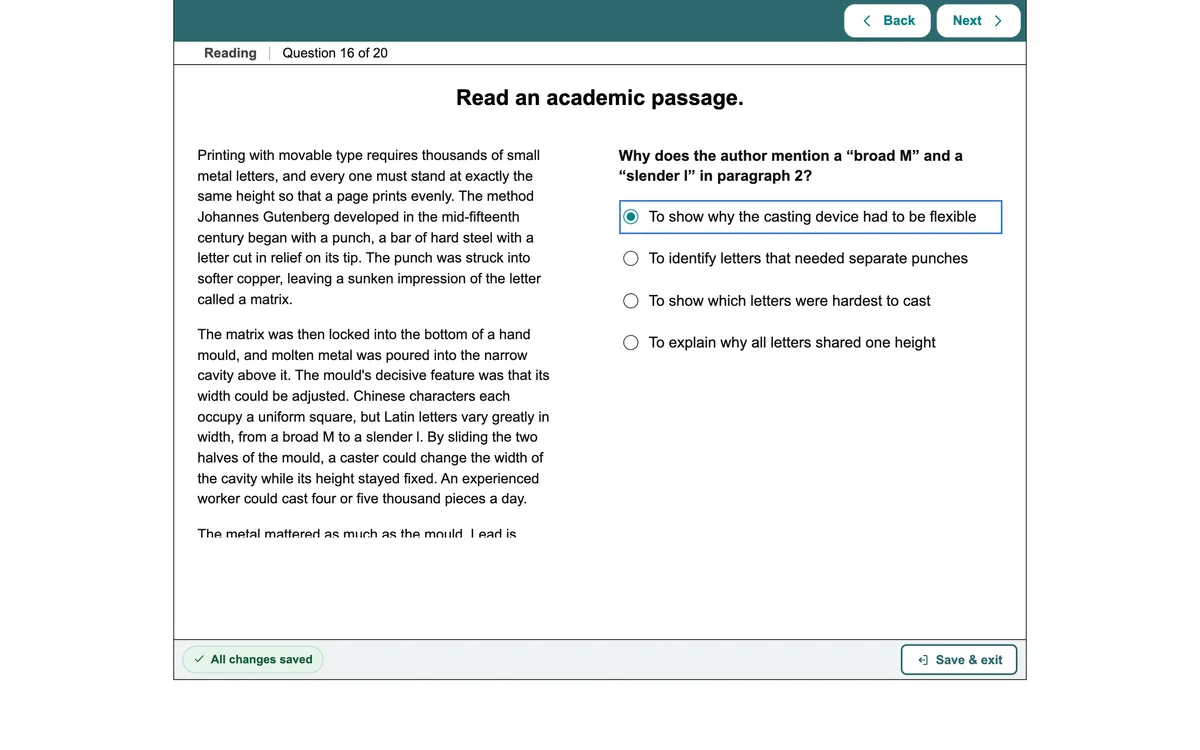 TOEFL practice test, Reading question 16 of 20: an academic passage about Gutenberg’s printing press beside a question with an answer selected