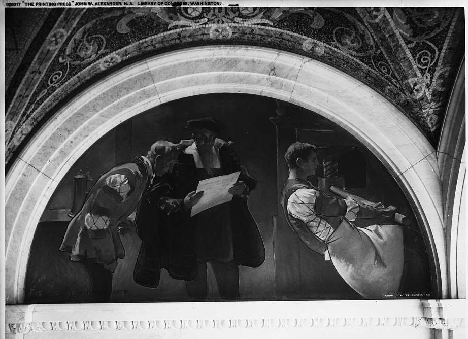 Workers operating a hand printing press in a later historical mural