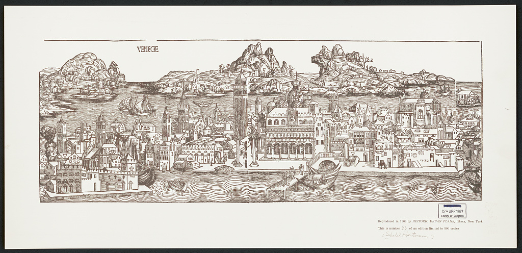 Wide engraved view of Venice organized around its waterfront and dense urban fabric