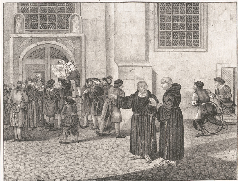 Nineteenth-century print showing Martin Luther directing the posting of the Ninety-five Theses