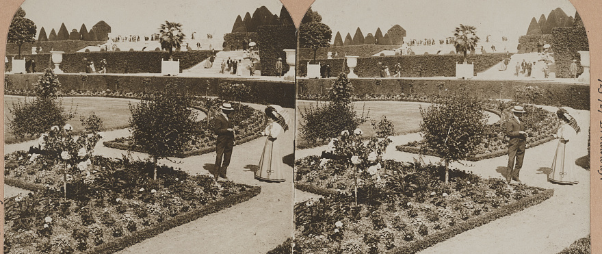 Stereograph of the formal gardens and long sightlines at Versailles in 1901