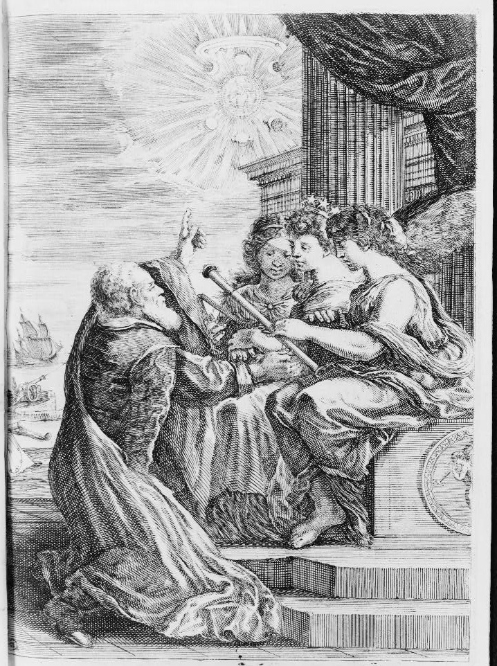 Seventeenth-century frontispiece showing Galileo presenting a telescope beneath astronomical symbols