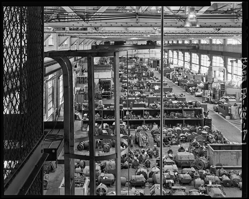Wide interior of an electric-motor shop at the Bethlehem Steel works