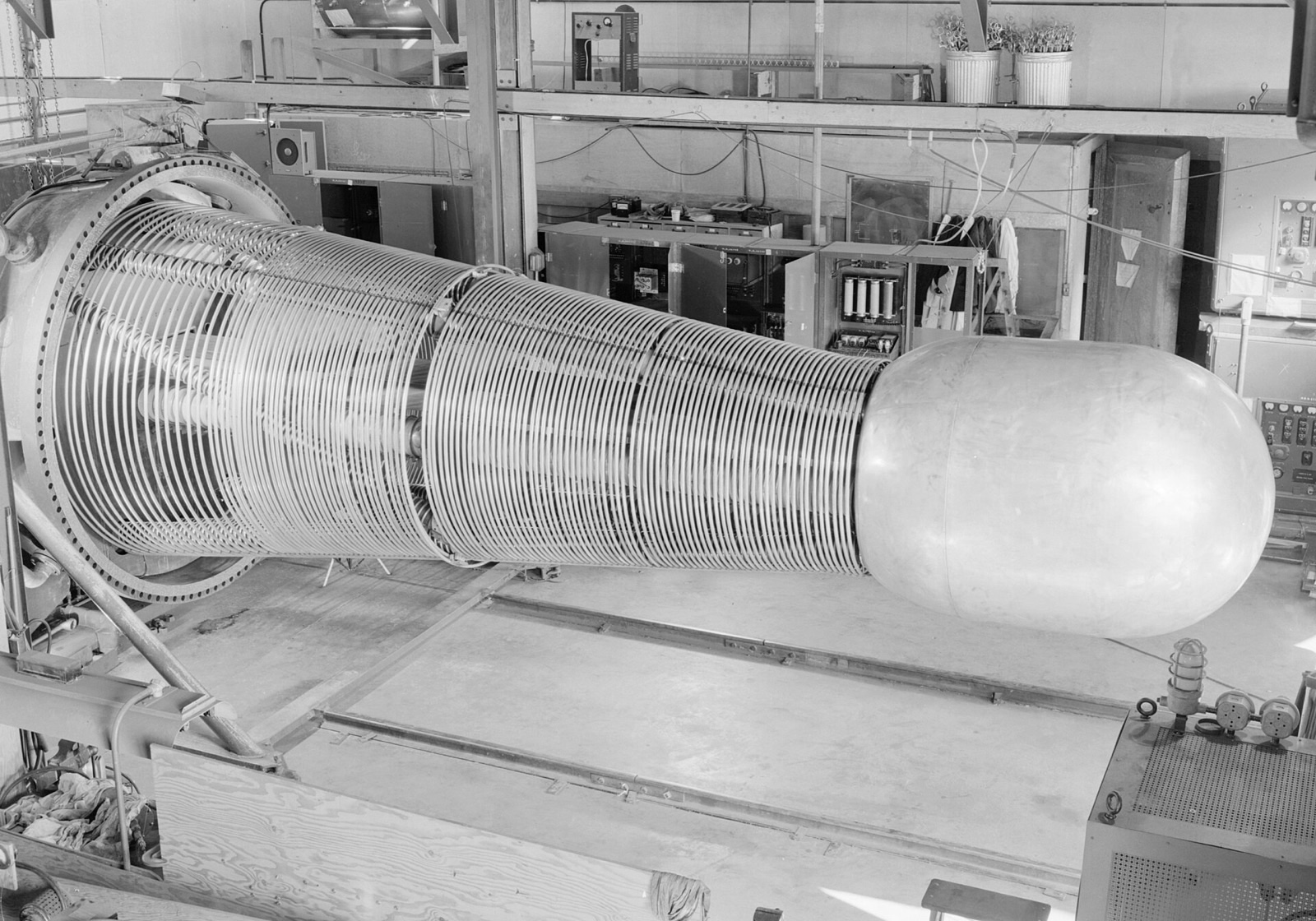 Large Van de Graaff electrostatic generator photographed at Lawrence Berkeley Laboratory in 1948.