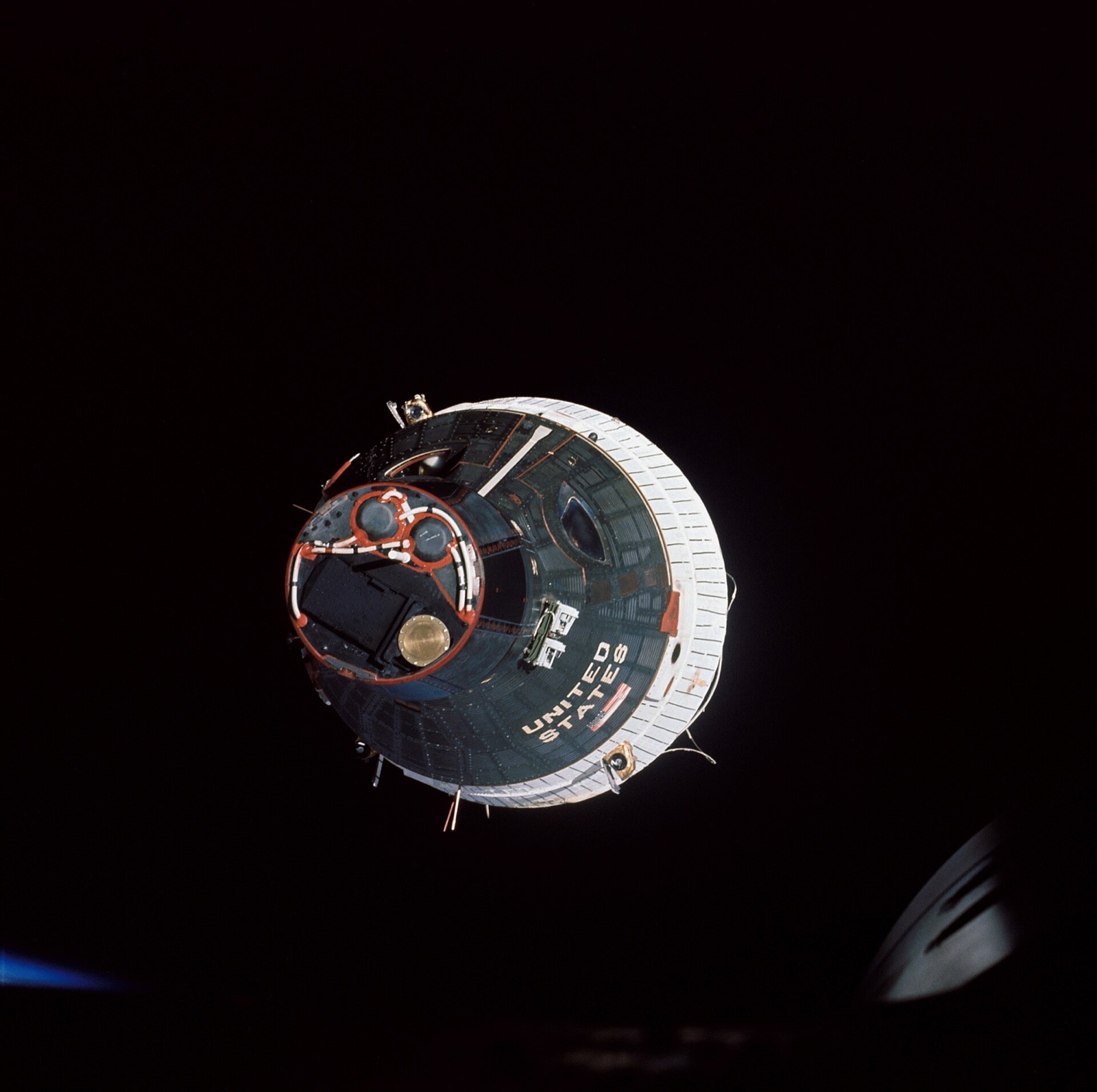 Gemini 7 photographed from Gemini 6 during the first crewed spacecraft rendezvous.
