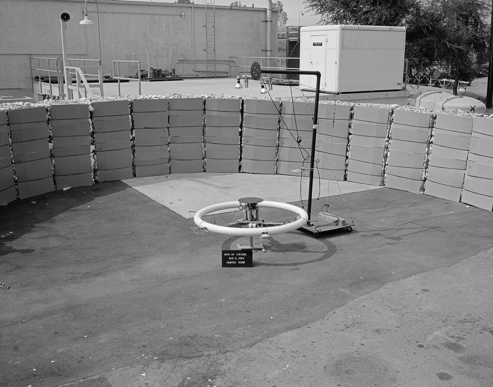 Ranger spacecraft mounted vertically for a spin test at the Jet Propulsion Laboratory.