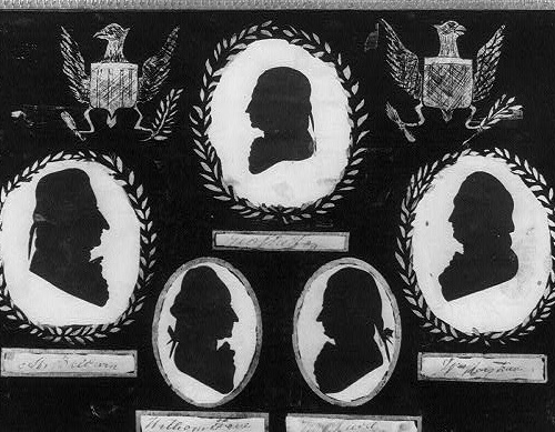 Silhouette portraits of delegates to the Constitutional Convention arranged around a central scene