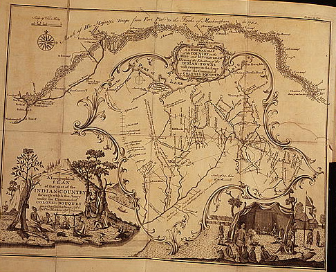 Historic map marking Indigenous towns, rivers, routes, and a British military expedition