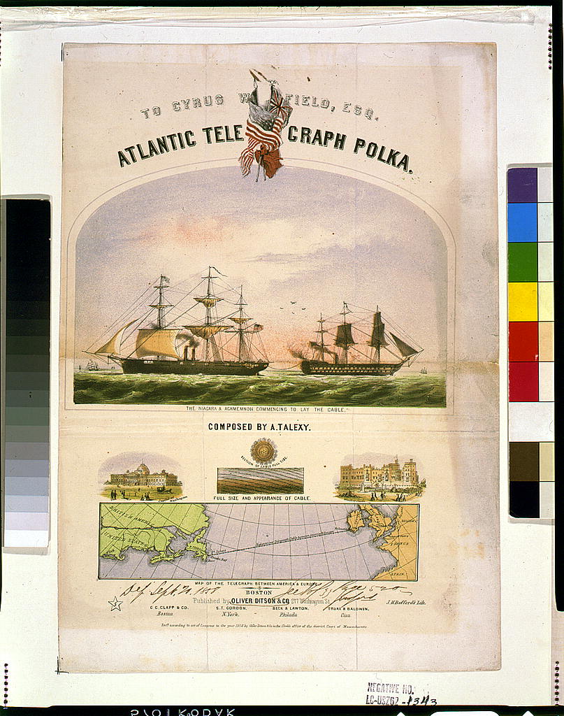 Ships laying a transatlantic cable beneath figures joining hands across the ocean