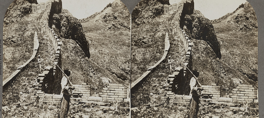 Historic stereograph of the Great Wall of China crossing a mountain landscape