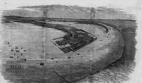 Wood engraving showing the Suez Canal and surrounding landscape in 1870