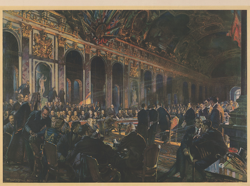 Illustrated view of diplomats gathered in the Hall of Mirrors to sign the Treaty of Versailles