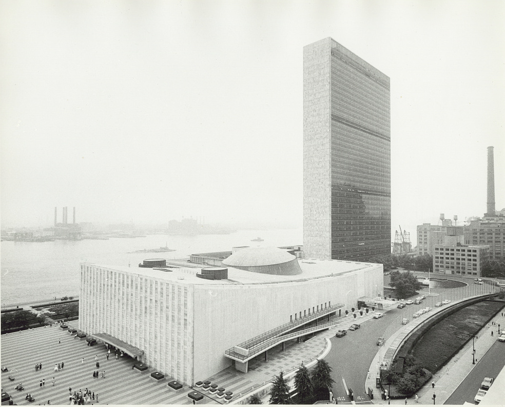 Aerial view of the United Nations Headquarters beside the East River in New York