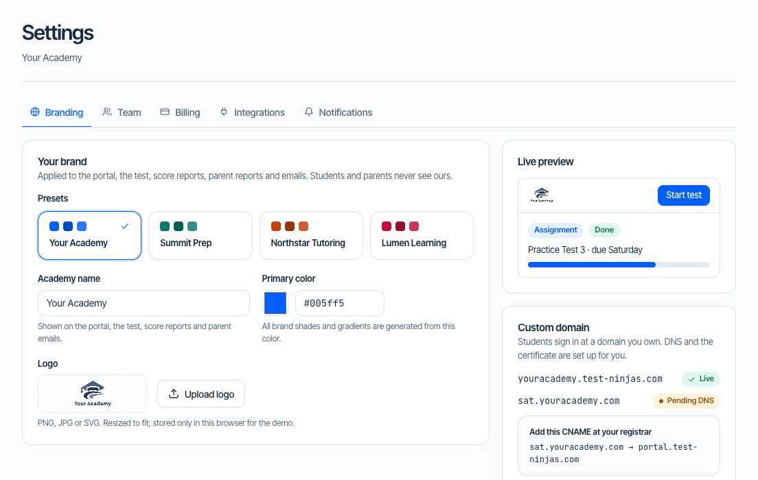 Classroom branding settings with logo, color controls, and a live preview