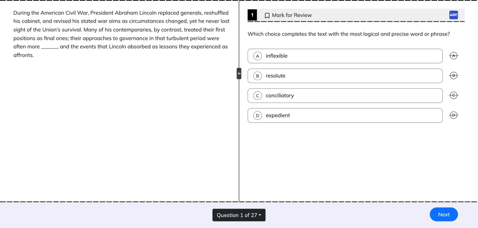 A digital SAT question in the test engine, passage on the left and four answer choices on the right