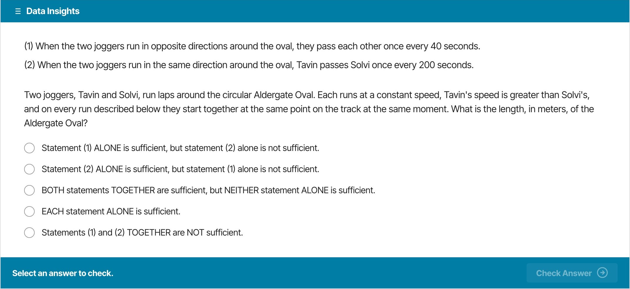 The Test Ninjas GMAT practice interface — a real Data Insights data-sufficiency question in the test-day layout
