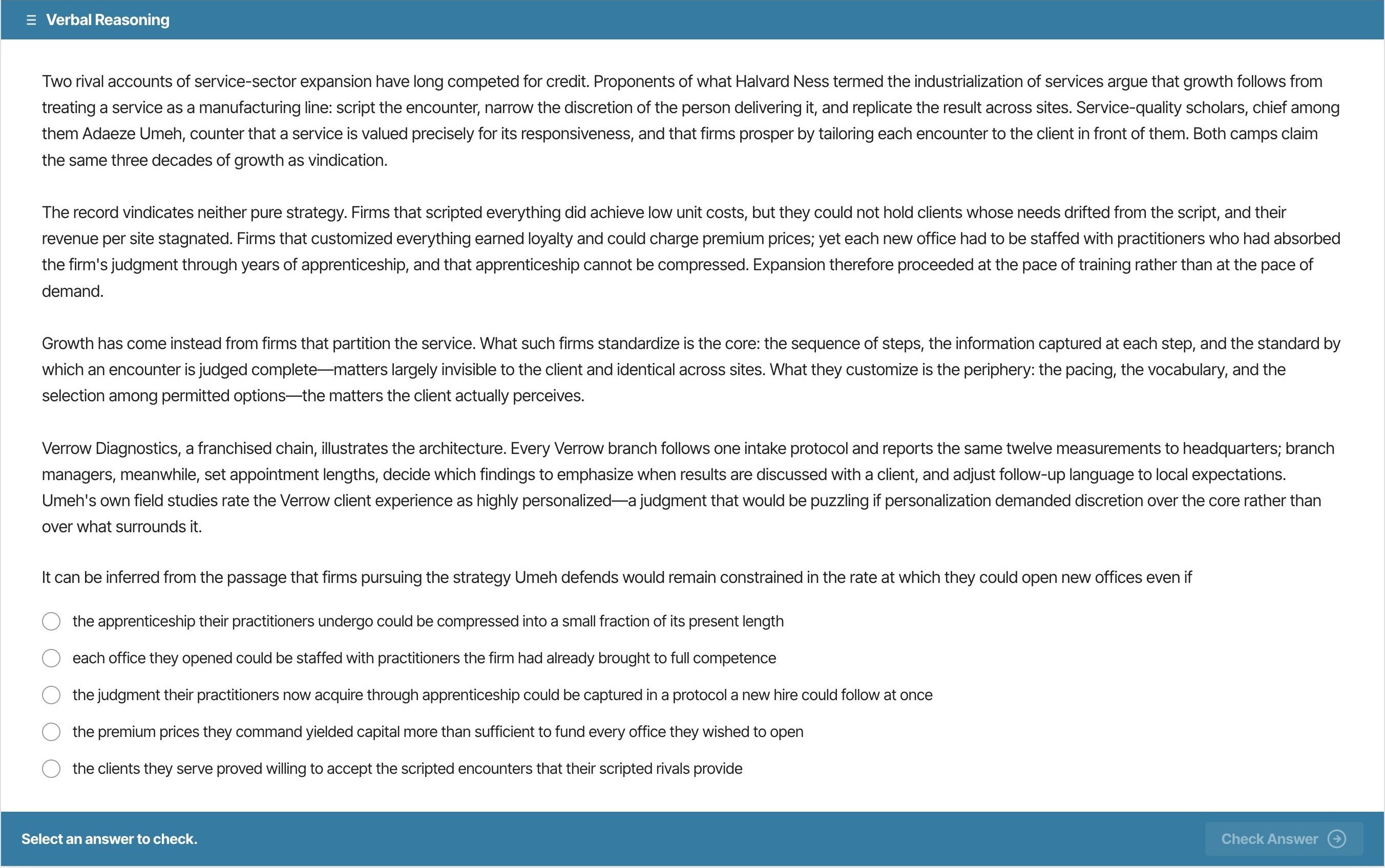 Test Ninjas Verbal practice — a Reading Comprehension passage and inference question