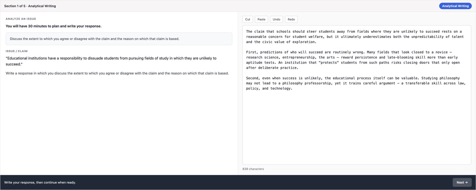 Test Ninjas Analytical Writing practice — Analyze an Issue prompt with the GRE essay editor