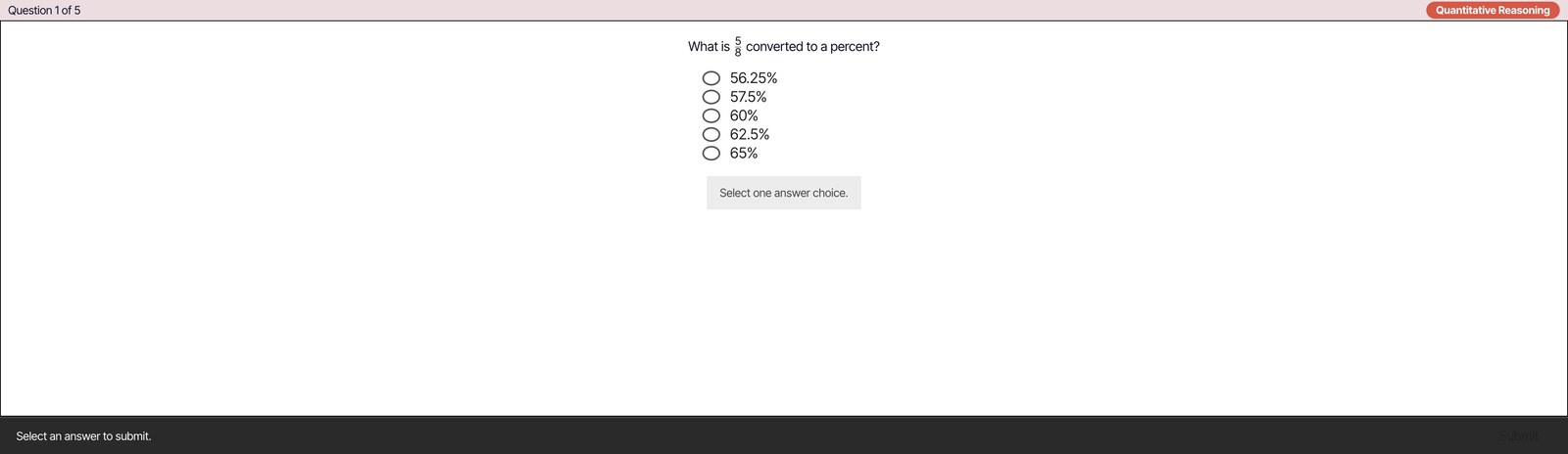 Test Ninjas Quantitative Reasoning practice — a percent conversion problem with GRE-style choices