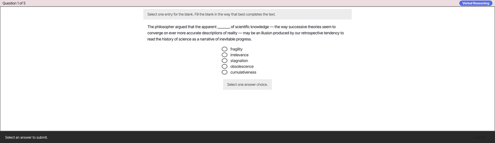 Test Ninjas Verbal Reasoning practice — a Text Completion question in the GRE interface