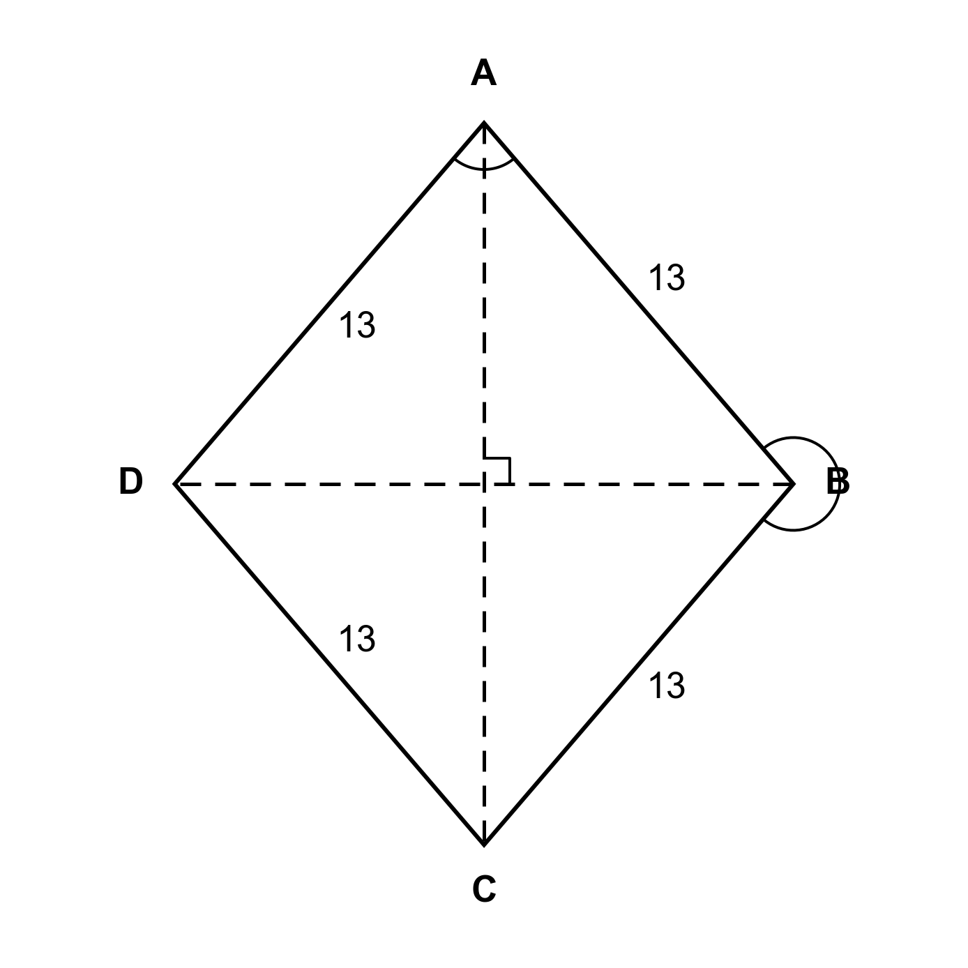 Rhombus ABCD with side length 13, showing diagonals and labeled interior angle greater than 120 degrees