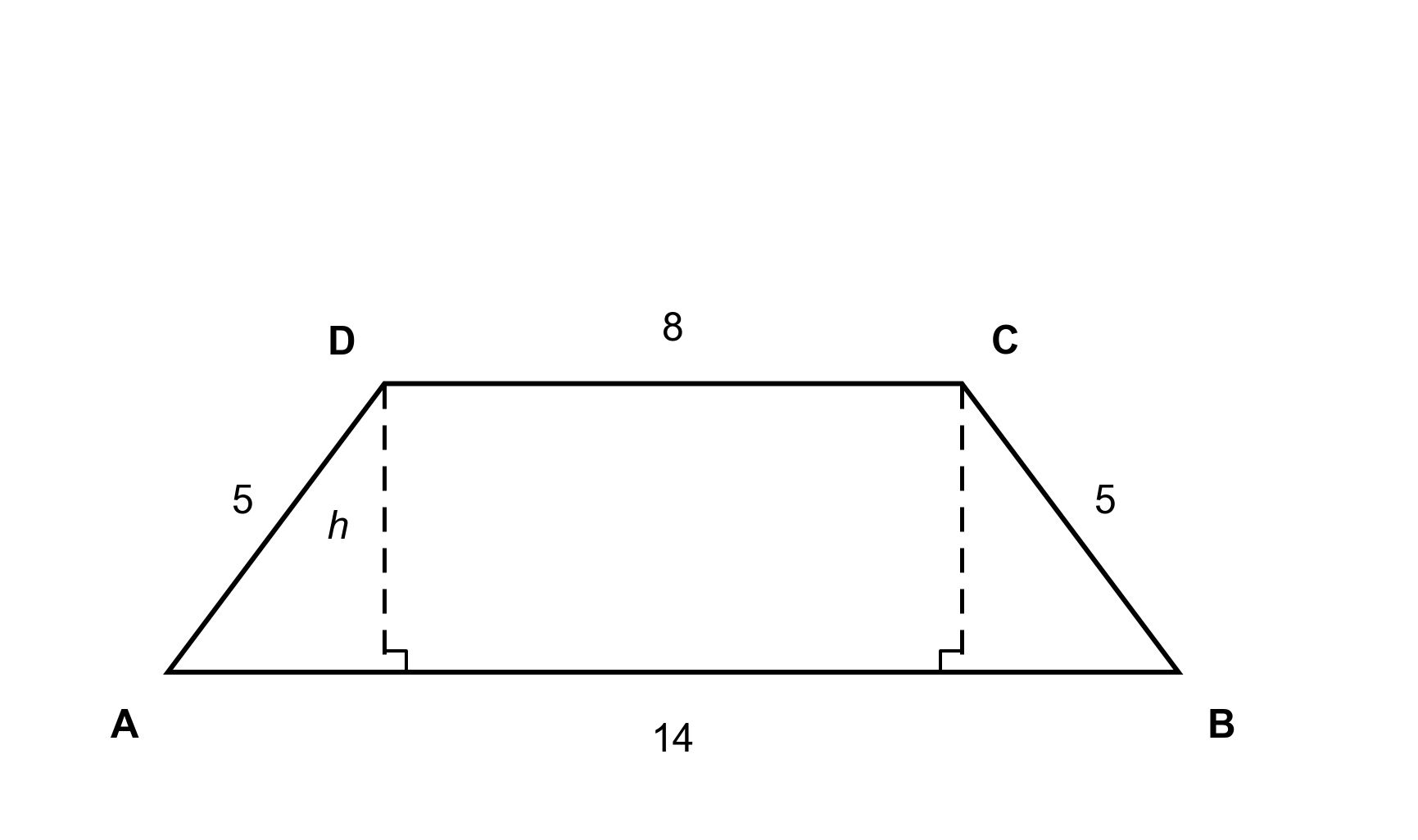 Isosceles trapezoid ABCD with parallel sides AB = 14 and CD = 8, and non-parallel sides AD = BC = 5, showing height and diagonal