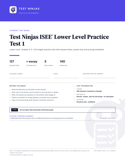 Cover of the Test Ninjas ISEE Lower Level Practice Test 1 test book