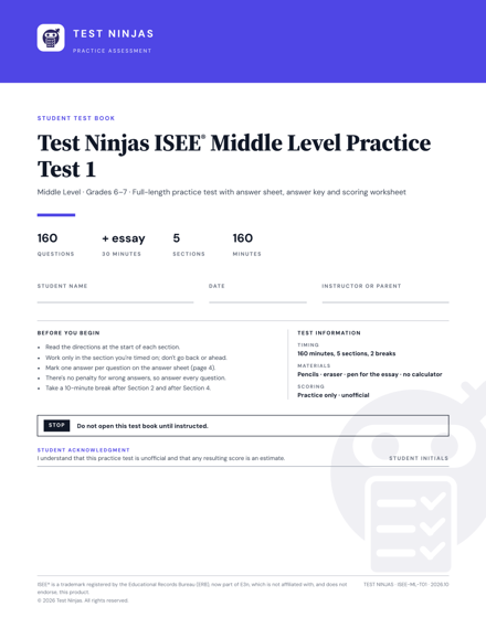 Cover of the Test Ninjas ISEE Middle Level Practice Test 1 test book