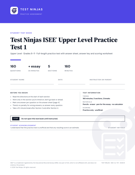 Cover of the Test Ninjas ISEE Upper Level Practice Test 1 test book