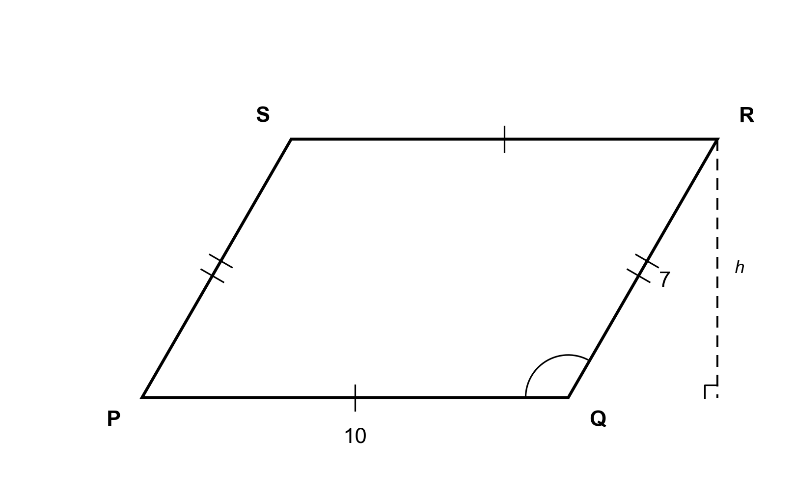 Parallelogram PQRS with side PQ = 10, side QR = 7, and obtuse interior angle PQR