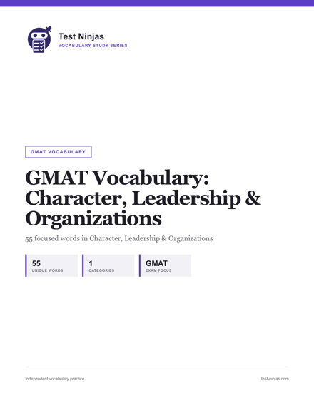 Cover page of the GMAT Character, Leadership and Organizations vocabulary guide PDF