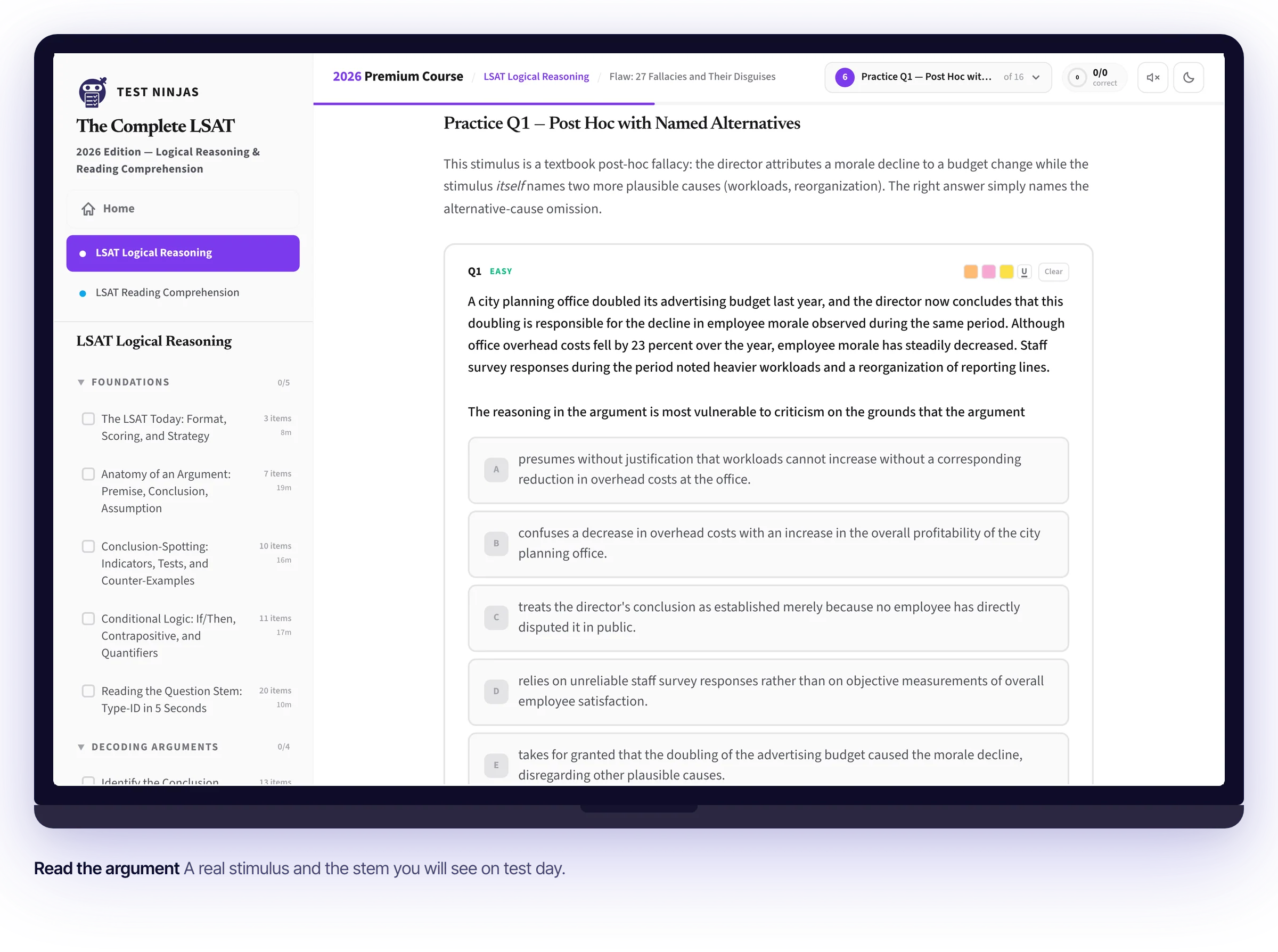 A Test Ninjas LSAT lesson on a laptop: reading a Logical Reasoning practice question, choosing an answer, checking it and reading the explanation