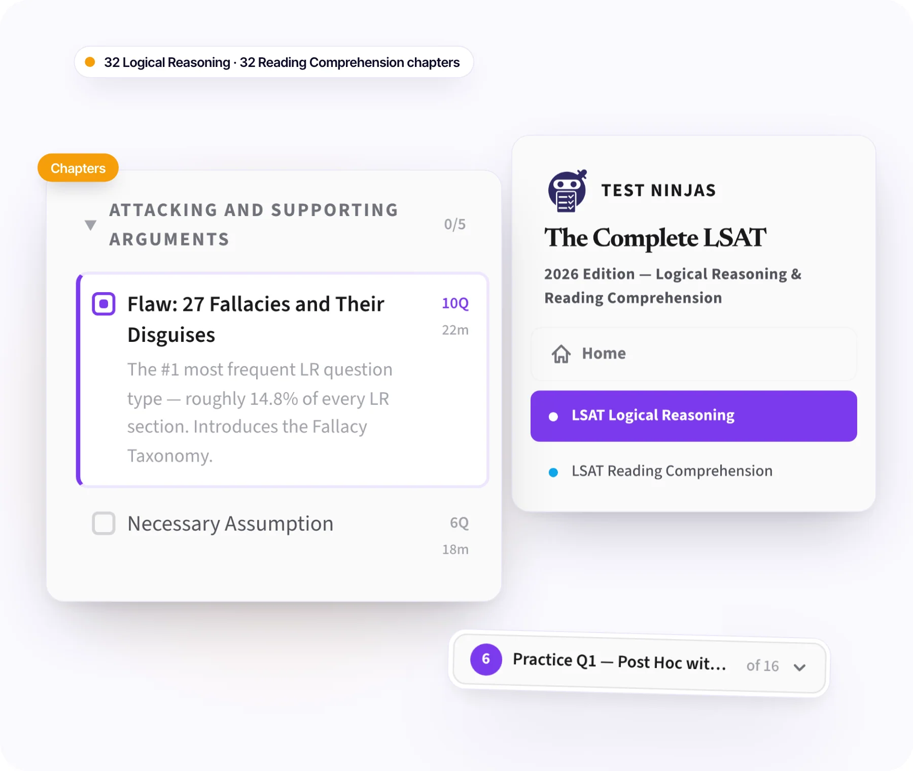 The Complete LSAT course outline: the two parts, the Attacking and Supporting Arguments unit with the Flaw chapter open, and the step indicator
