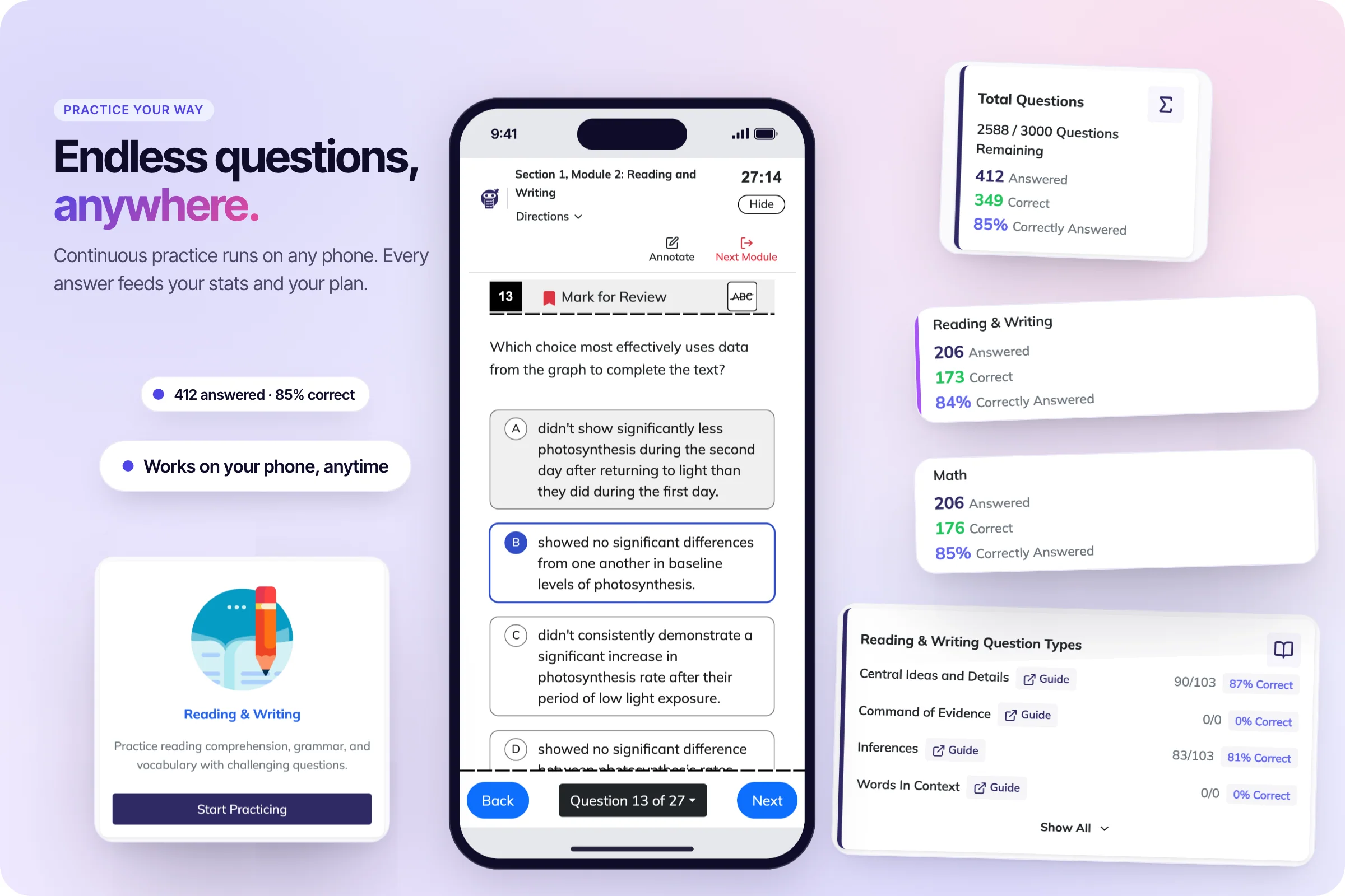 Continuous practice mode: pick a section and keep going, with a 3,000-question pool and per-question-type stats