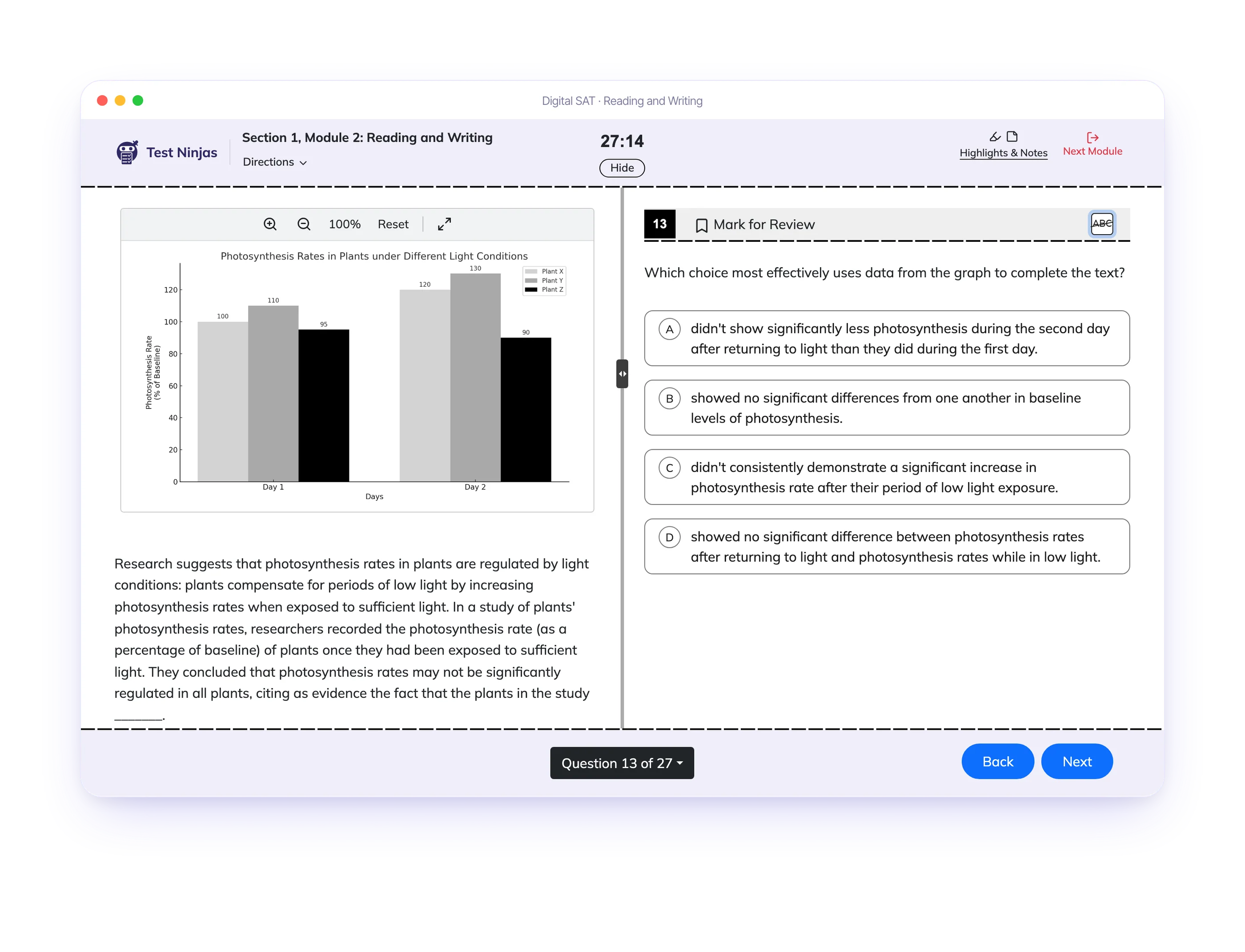 The Test Ninjas Digital SAT engine: answering a Reading and Writing question, flagging it for review, and highlighting the passage
