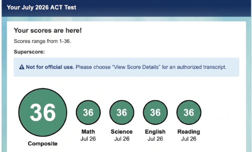 ACT score report showing a 36 composite