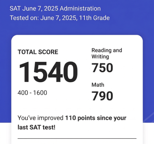 SAT score report showing 1540, up 110 points